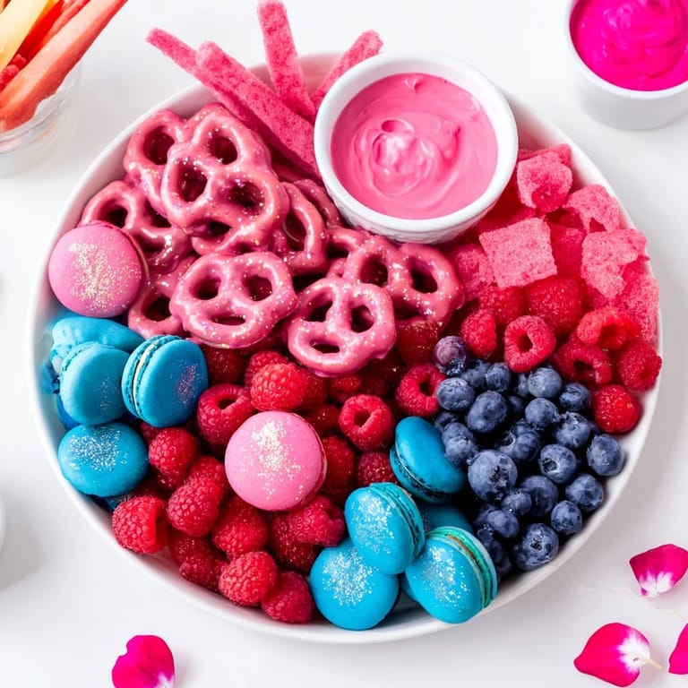A colorful display of pink and blue snacks on the Baby Reveal board, ready to enjoy at the party.