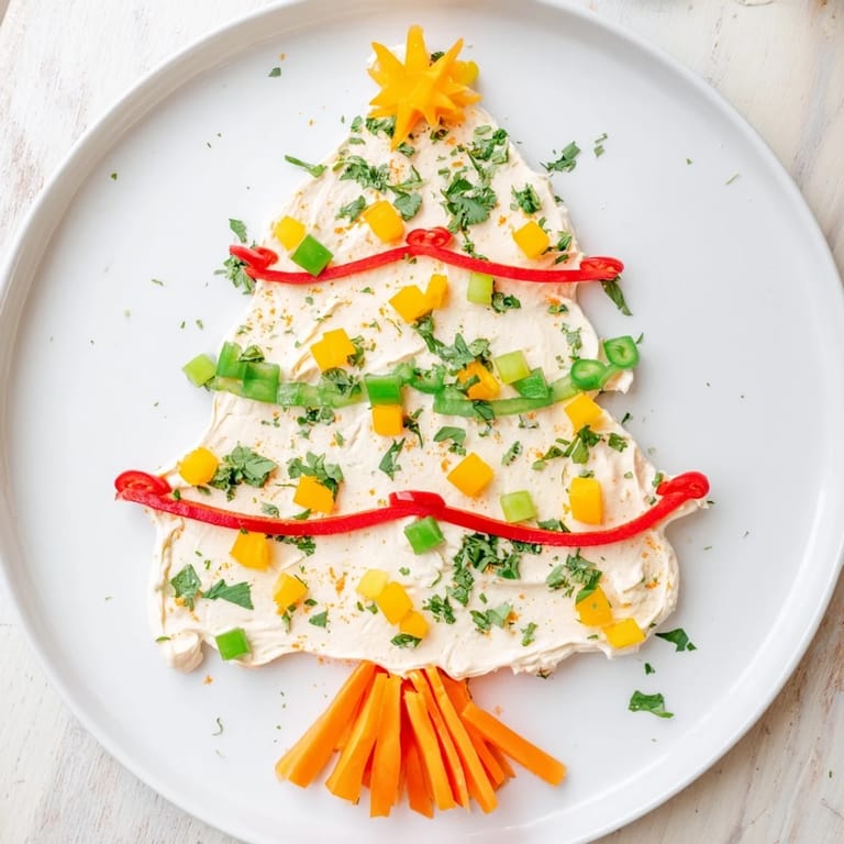 Creamy and flavorful Chili Pepper Christmas Tree Dip, shaped into a Christmas tree, perfect for dipping & sharing.