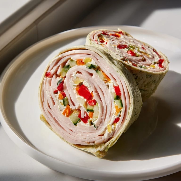 Close-up of Smoked Turkey Pinwheels with visible turkey, colorful veggies, a delicious finger food.