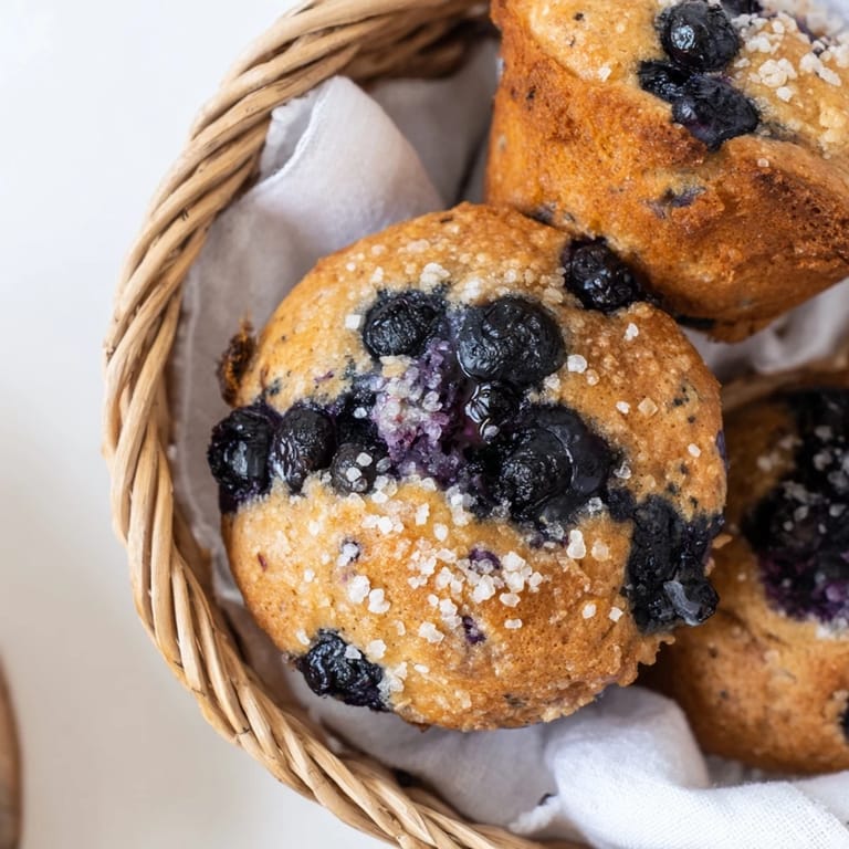 Warm, freshly baked mini blueberry muffins, arranged in a basket beside a cup of coffee.