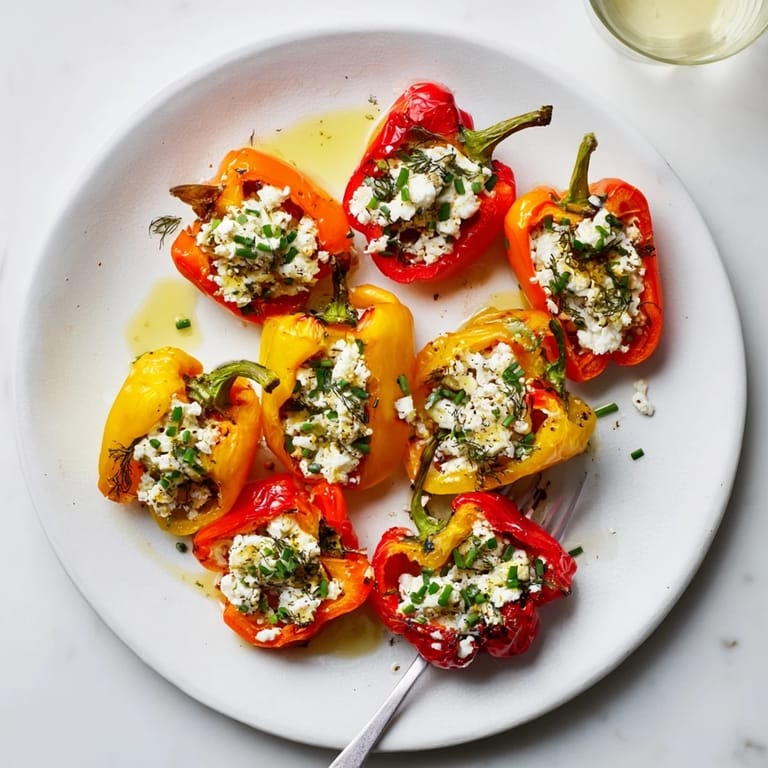 Mediterranean style mini bell pepper halves showcase their colorful feta filling, drizzled with olive oil and chives on a platter.