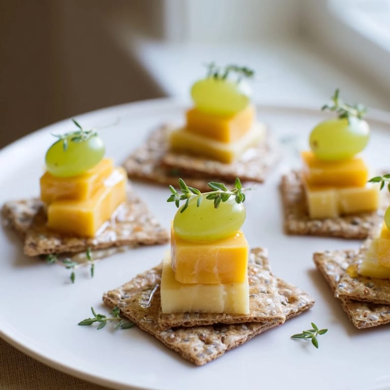 A visually appealing Desk Treat featuring neat stacks of crackers and cheese, ready for snacking.
