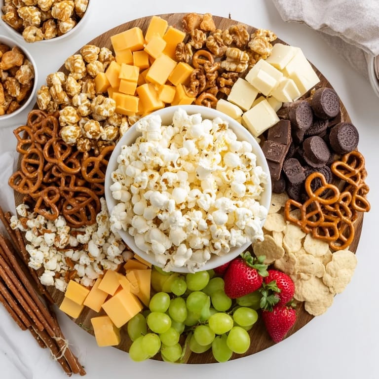 This movie night munchie board shows a grid of colorful treats—cheese, popcorn, and candies await.