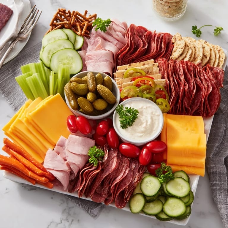 The Tailgate Party Power Stack is a gorgeous board, abundant with meats, cheeses, and crackers galore.