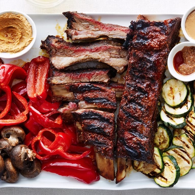 This Backyard BBQ Companion showcases succulent grilled short ribs and chicken alongside colorful grilled vegetables for serving.