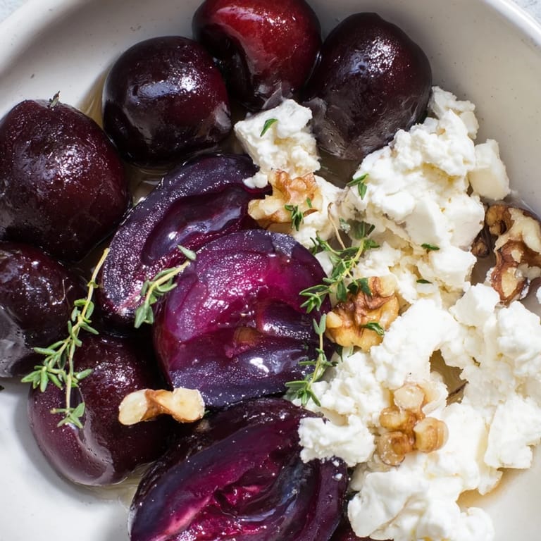 A Midnight Orchard appetizer, showcasing fresh plums, goat cheese, and optional honey drizzled.