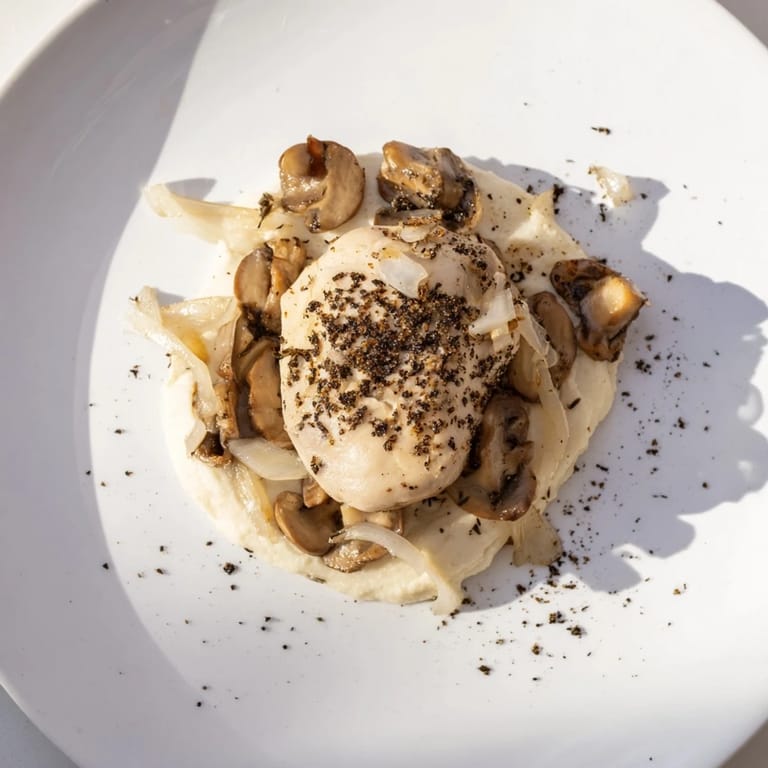 White mushrooms and swirling pepper create dramatic shadows in this Ghostly Gala dish.