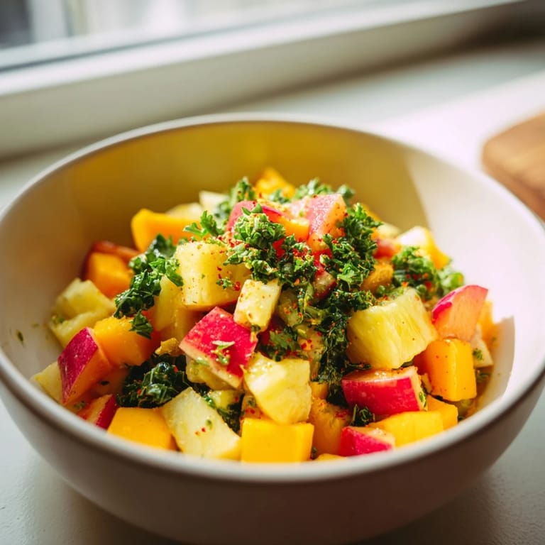 Close-up of the beautiful, bright arrangement of a Sunlit Glade salad, a refreshing dish.