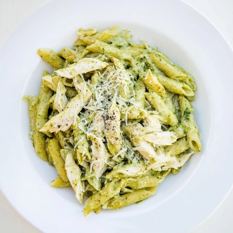 This flavorful 10-Minute Pesto Pasta with Chicken features perfectly cooked pasta coated in vibrant pesto sauce.