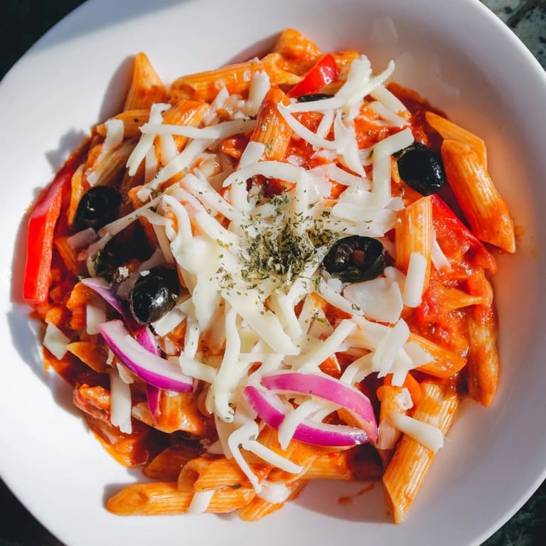 Family-friendly one-pot pizza pasta ready to serve, featuring colorful bell peppers and red onion.