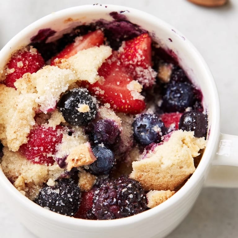 Homemade Mixed Berry Cobbler Mug Cake, a delightful single-serve dessert ready in minutes.