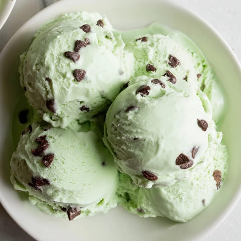 Delicious, homemade Mint Chocolate Chip Ice Cream in a bowl; a refreshing and cooling dessert.