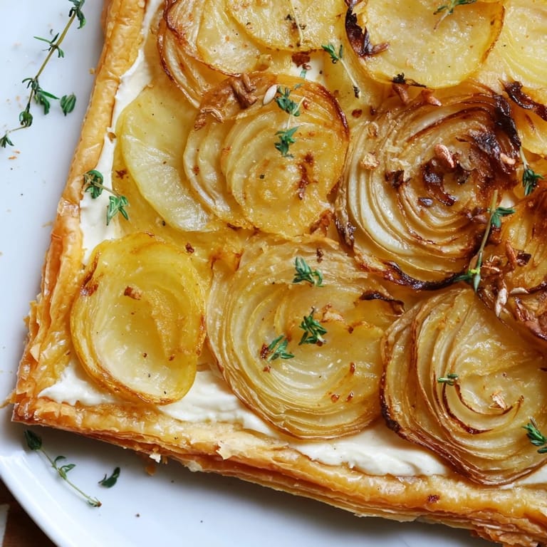 A close-up of a warm Caramelized Onion Tart showing layers of caramelized onions and golden pastry.