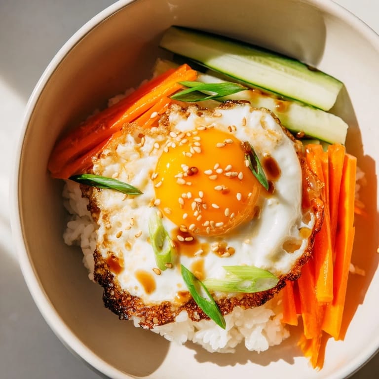 This vibrant crispy egg rice bowl showcases a beautifully browned rice base with a runny yolk and colorful garnishes.