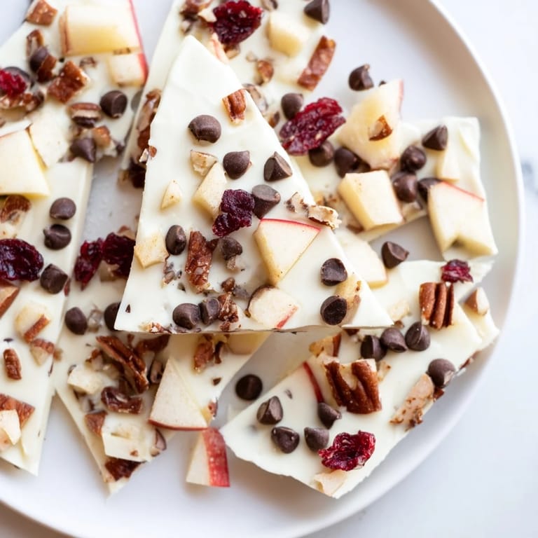 A close-up of beautifully layered Apple Cinnamon Yogurt Bark, a sweet treat ready to eat.
