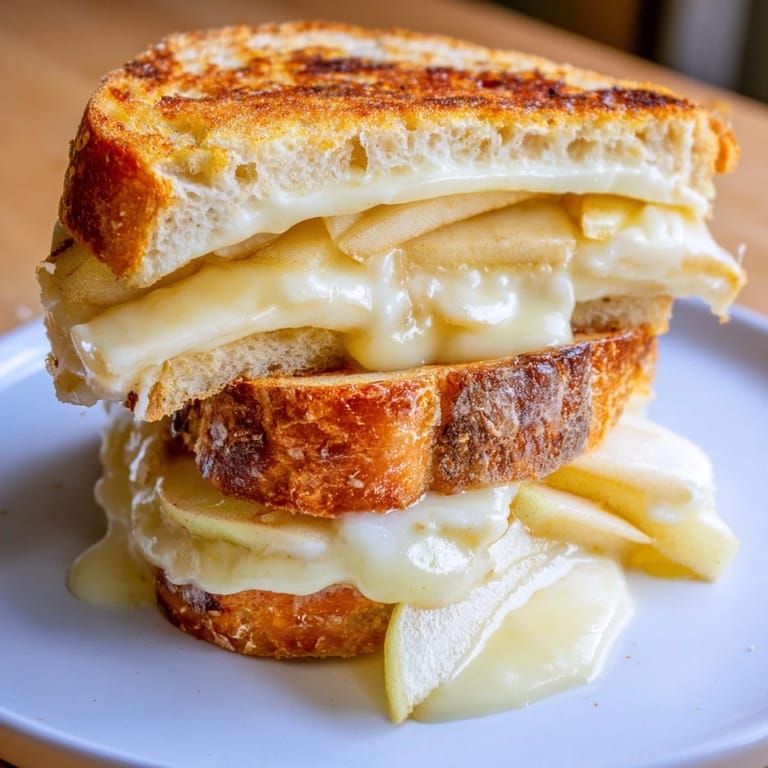Buttery, golden Brie and apple grilled cheese, served warm for a delightful, comforting meal.