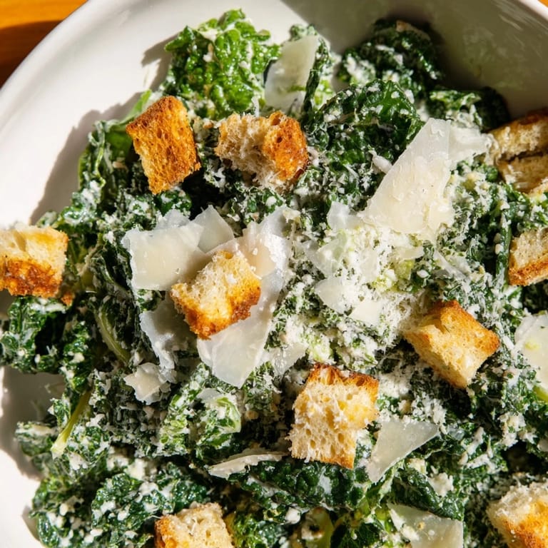 A close-up of a refreshing Kale Caesar Salad, showcasing textured kale and crunchy homemade croutons.