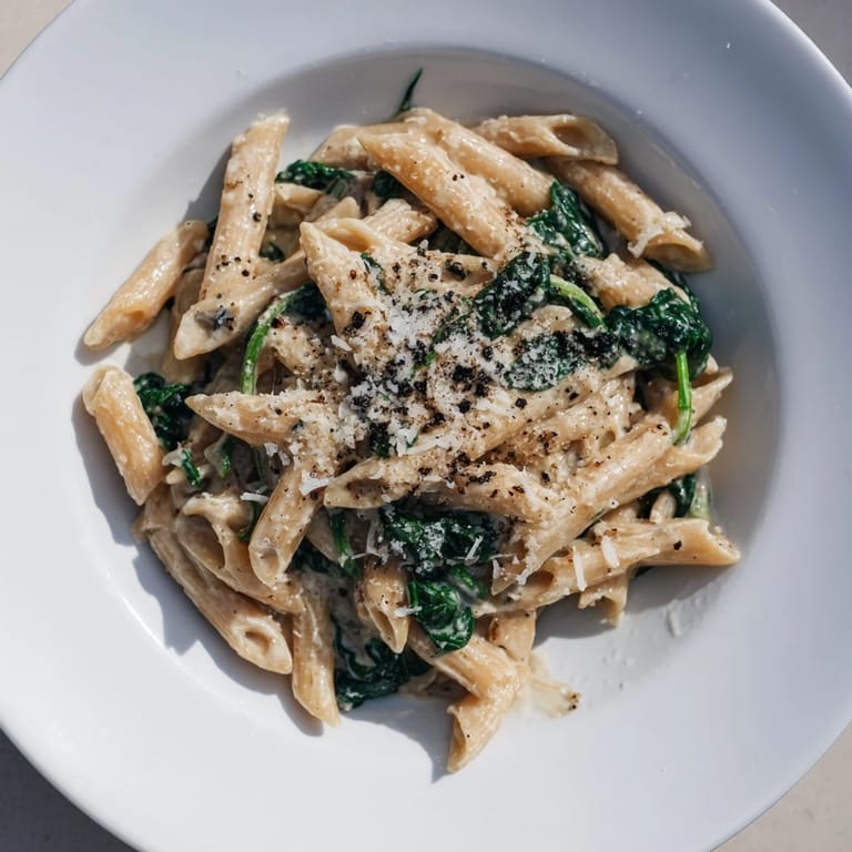 Close-up of freshly prepared Creamy Spinach Pasta, rich and saucy ready to be enjoyed with Parmesan.