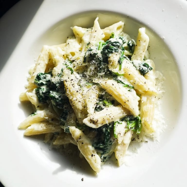 A bowl of delicious Creamy Spinach Pasta, perfectly coated pasta with vibrant green spinach and creamy sauce.