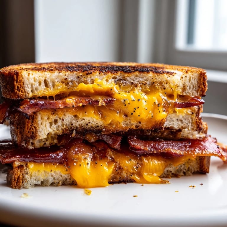 Melted cheddar and crispy bacon star in this delicious Crispy Bacon Cheddar Grilled Cheese, pictured on a plate, ready to enjoy.