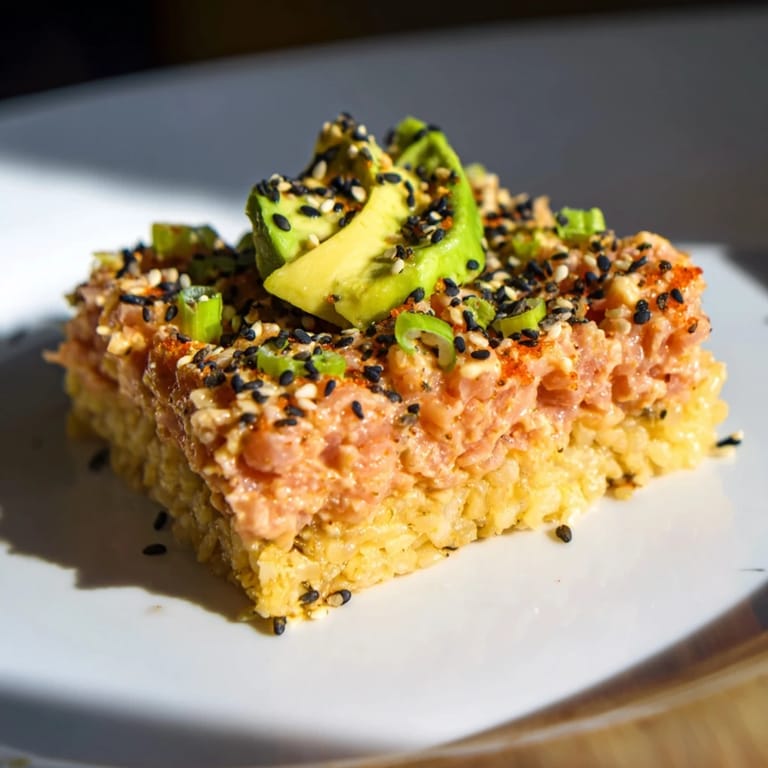 Crispy, golden rice squares topped with spicy tuna and avocado, creating delicious Spicy Tuna Crispy Rice.