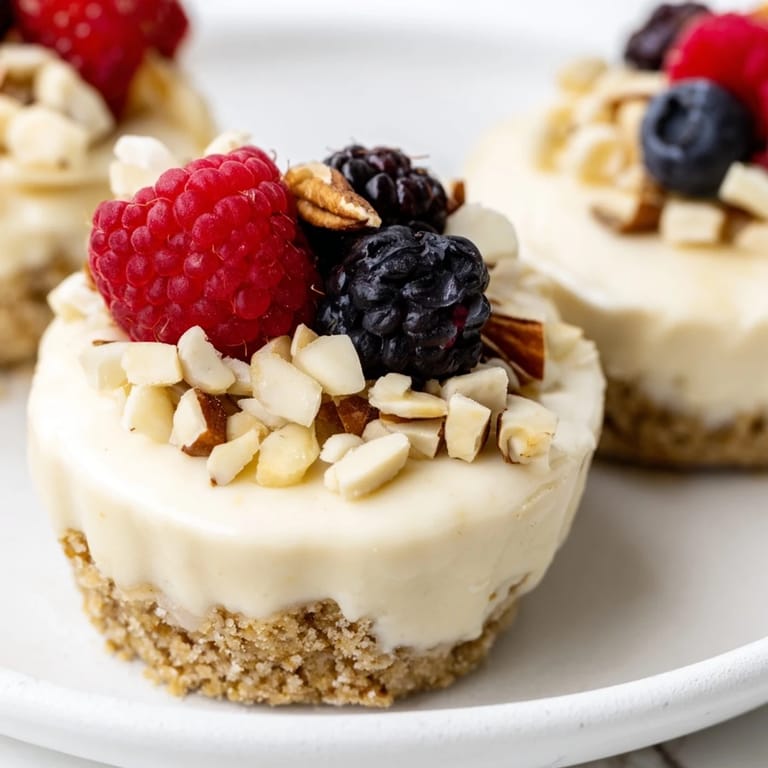 These easy Protein Cheesecake Cups showcase a smooth, vanilla filling on a crunchy oat base.