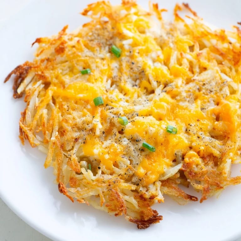 A stack of savory cheesy hash brown waffles ready to be topped with sour cream and chives.