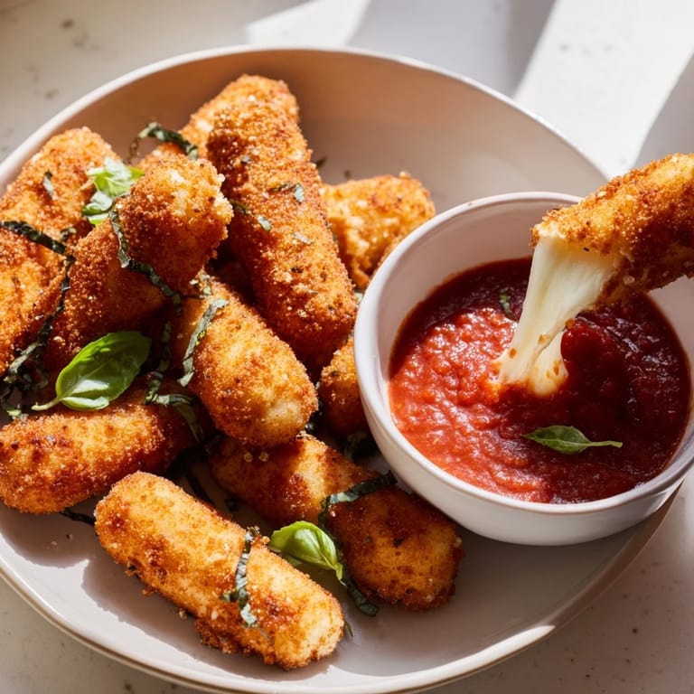 Crispy and gooey air fryer mozzarella sticks, a perfect appetizer offering a delightful cheesy pull.