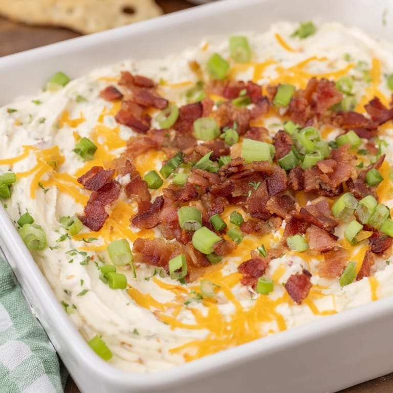 Indulgent Cheesy Bacon Ranch Dip featuring rich, creamy textures, best served with crunchy chips or crackers.