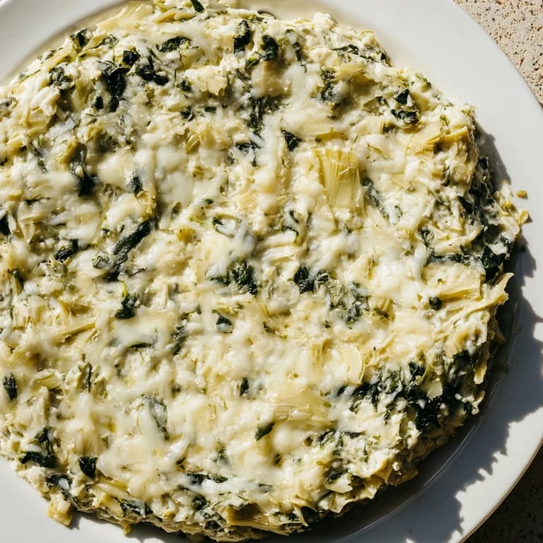 A rich and creamy bowl of Spinach Artichoke Dip, a flavorful party dip loaded with vegetables.