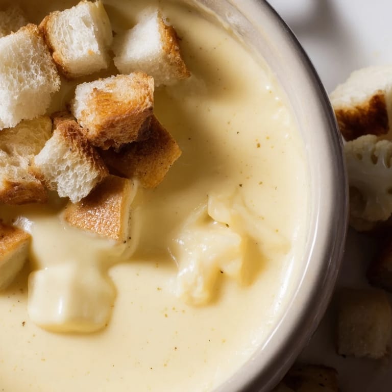 Close-up of bubbling, delightful Swiss Cheese Fondue served with fresh vegetables for dipping.