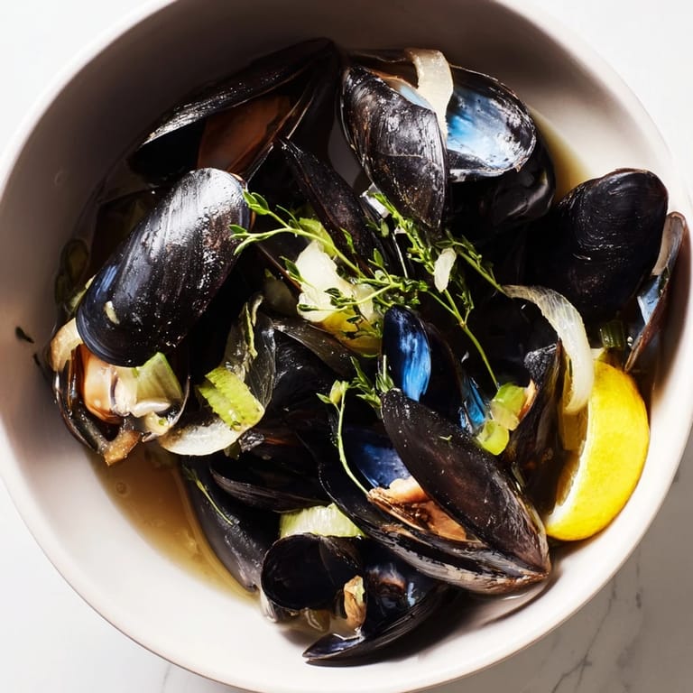 A close-up of fragrant Belgian Moules Marinière, ready to serve with lemon wedges and crusty bread.