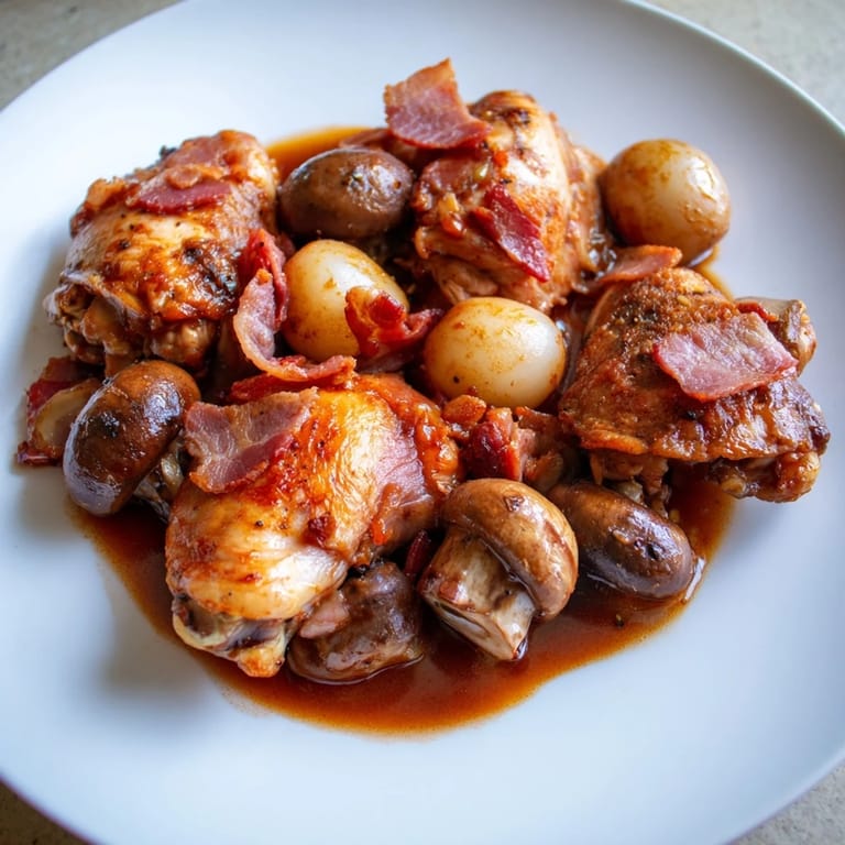 This comforting Coq au Vin shows braised chicken with glistening mushrooms and pearl onions.