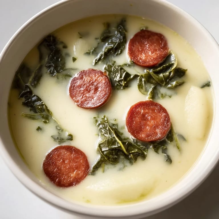 A visually appealing bowl of Portuguese Caldo Verde, featuring creamy potatoes and savory chorizo slices.