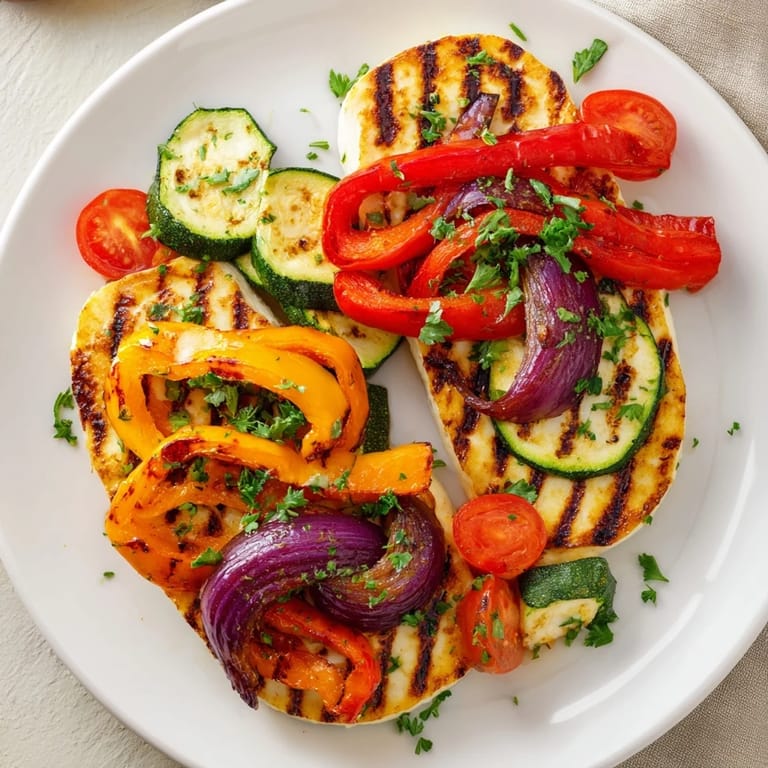 Hearty Grilled Halloumi Cheese Steak served with vibrant vegetables and fresh parsley, a vegetarian feast.
