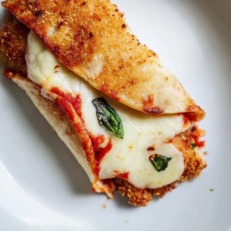 A handheld Italian-American meal featuring crispy fried chicken, rich marinara, and gooey cheese inside a warm tortilla, perfect for a quick and satisfying lunch or dinner.  