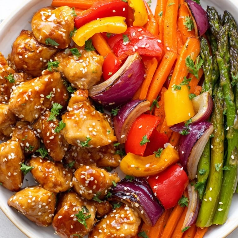Close-up of baked honey garlic chicken and colorful vegetables, garnished with sesame seeds and ready to serve over fluffy rice.