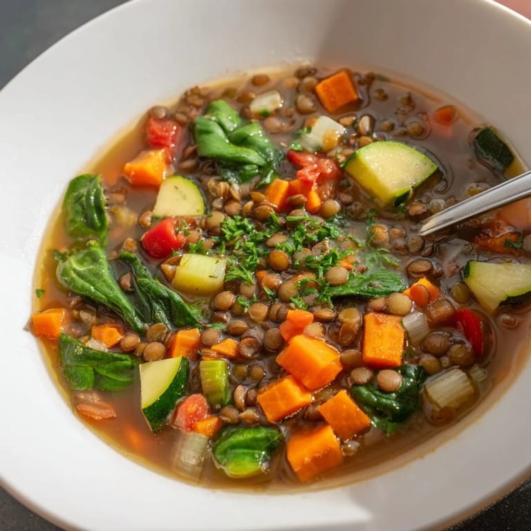 Hearty Lentil and Vegetable Soup served in a rustic bowl, perfect for a cozy meal.