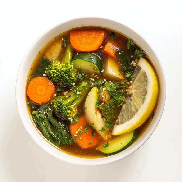 Vibrant Collagen-Boosting Broth Bowl with zucchini, spinach, and celery in a savory ginger-infused bone broth.