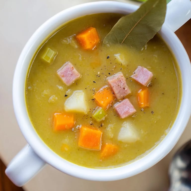 A bowl of traditional split pea soup with ham, showing a smooth texture and vibrant vegetable pieces.