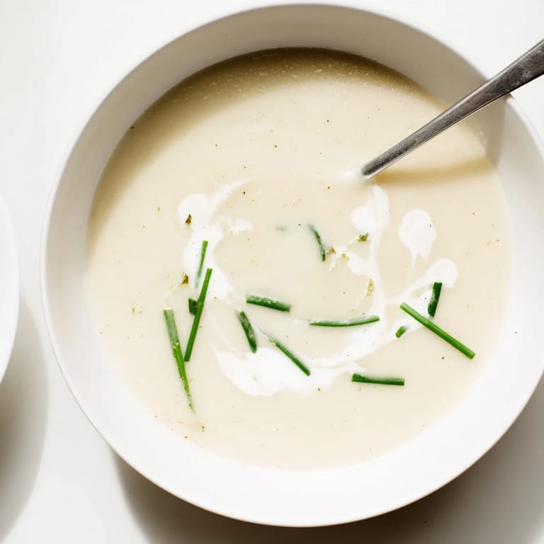 Smooth, velvety Celery Root Bisque topped with microgreens, ready for a refined vegetarian dinner.