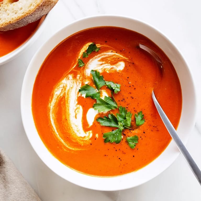 Golden-brown roasted peppers and caramelized garlic shine in this comforting bowl of Roasted Red Pepper Soup.