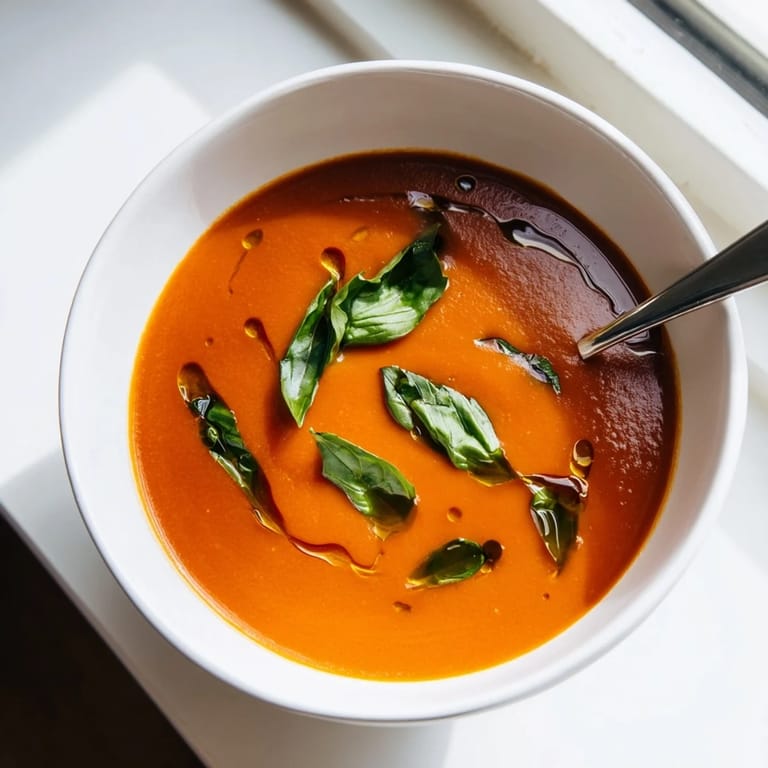 Homemade Italian Tomato and Basil Soup in a rustic bowl, ready to be enjoyed warm with a grilled cheese sandwich for dipping.