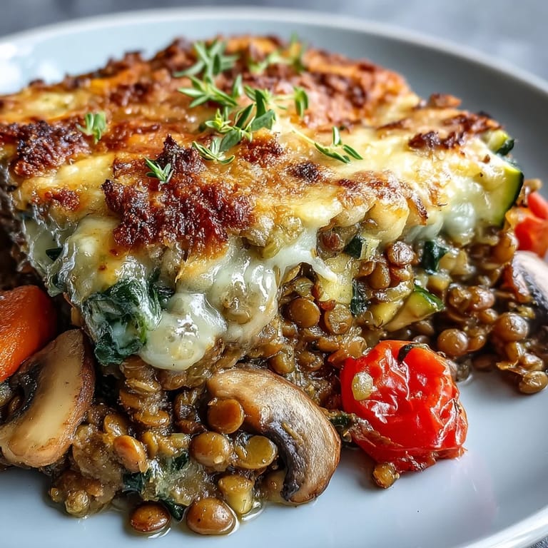 Comforting Green Lentil and Vegetable Casserole with cheesy topping.