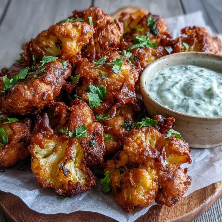 Sizzling cauliflower bhajis just out of the fryer, golden brown and paired with a creamy yogurt mint sauce.