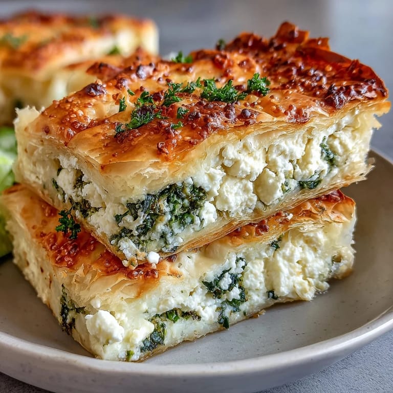 Freshly baked Feta and Kale Börek on a rustic wooden table, garnished with fresh dill and ready to eat.