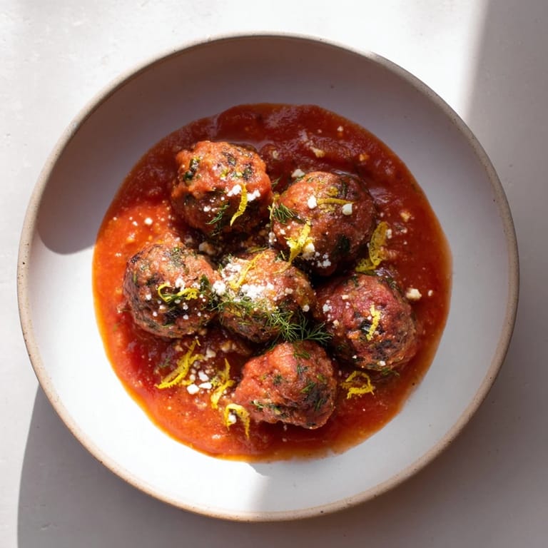 A steaming bowl of Instant Pot Greek Meatballs, topped with crumbled feta cheese and fresh herbs.