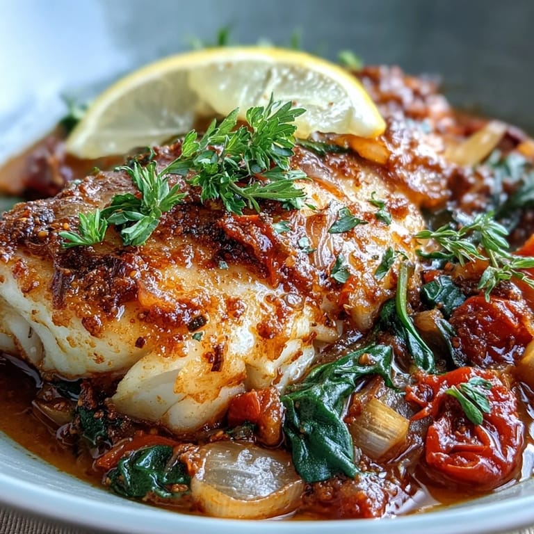 Perfectly flaky Spiced Cod One Pot served steaming hot, with cilantro and lemon wedges ready to brighten the savory Mediterranean meal.