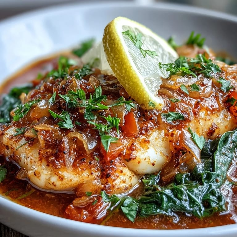 Easy weeknight dinner of Spiced Cod One Pot features flaky fish simmering with vibrant vegetables and spices in a rich tomato broth.