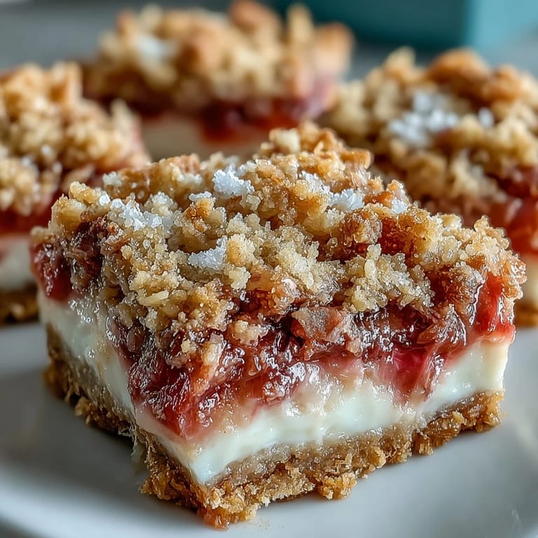 Baked golden Rhubarb and Custard Crumble Bars cut into squares, showing the crumbly texture and fruity filling.